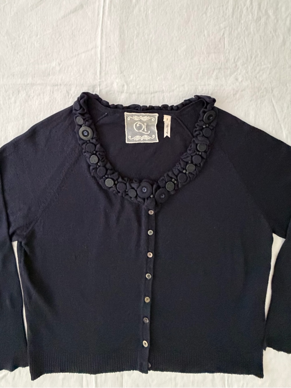 Dark Navy Floral Trim Cardigan with Button Front